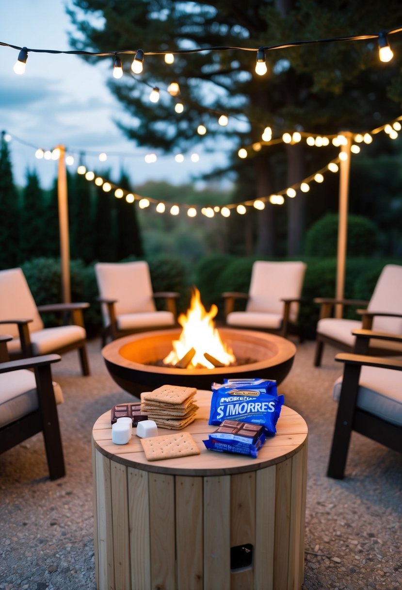 A cozy outdoor setting with a fire pit, surrounded by chairs and draped with string lights. A table is set up with graham crackers, chocolate bars, and marshmallows for a DIY s'mores station