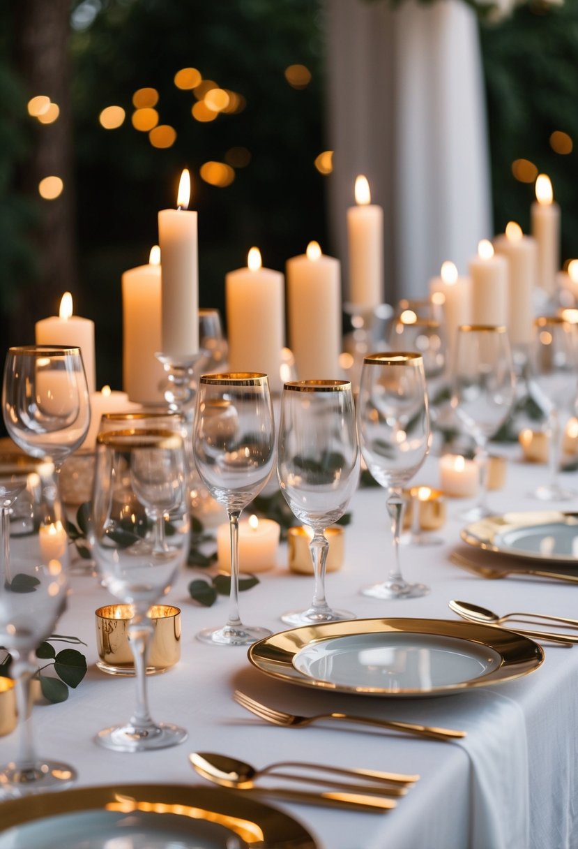 Elegant gold-rimmed glassware arranged on a white linen tablecloth, reflecting soft candlelight in a romantic wedding setting