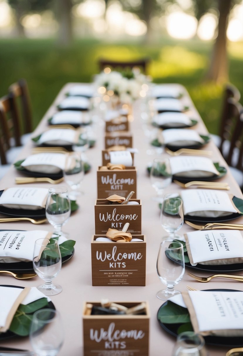 A table set with personalized welcome kits, each containing thoughtful items for wedding guests