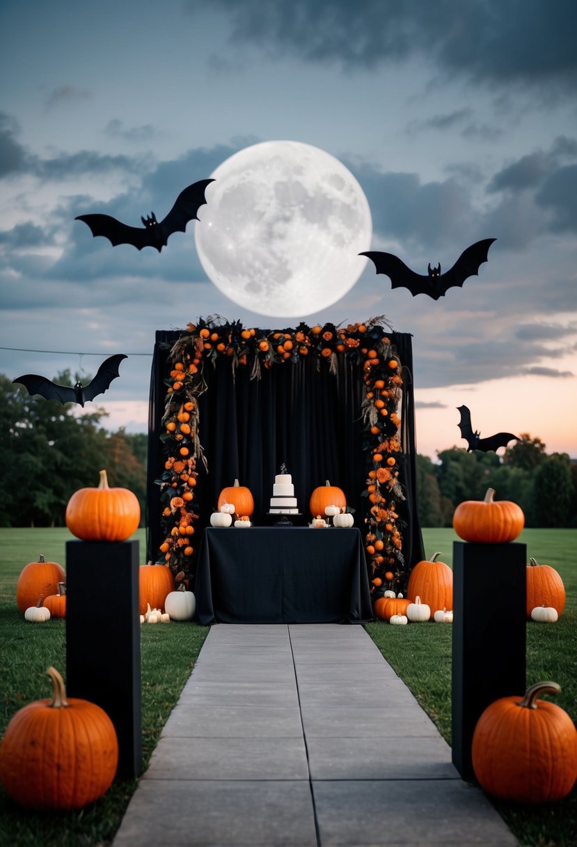 A spooky wedding altar with black and orange decor, pumpkins, bats, and a full moon in the background