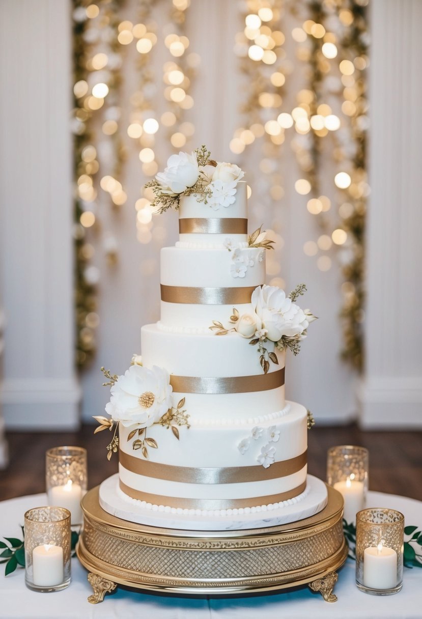 A three-tiered wedding cake adorned with white and gold floral designs, surrounded by elegant gold and white decor