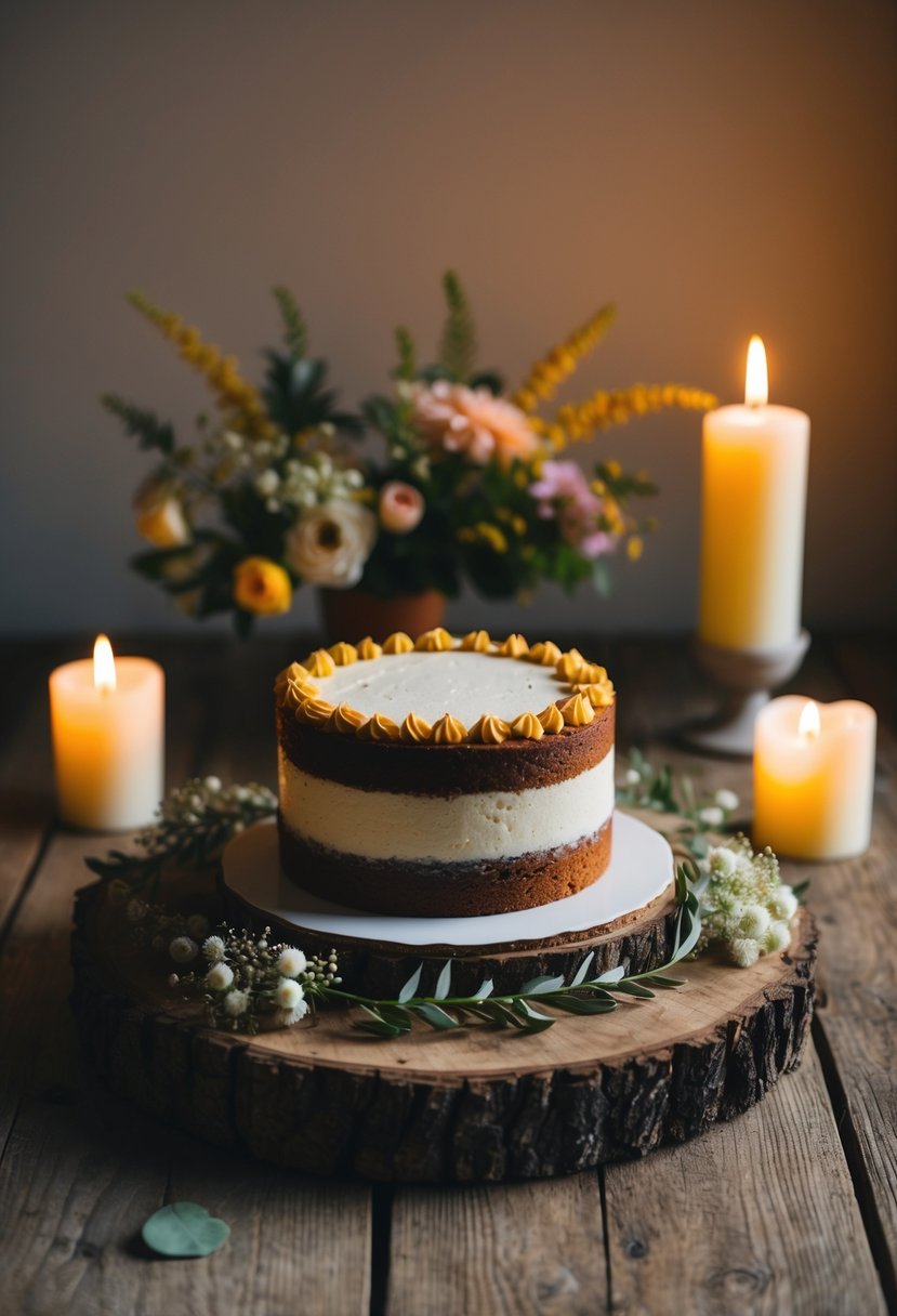 A small, homemade cake sits on a rustic wooden table, surrounded by delicate floral arrangements and glowing candlelight