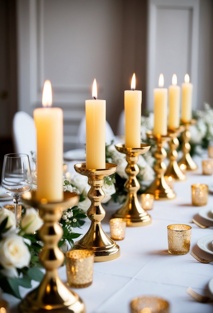 Golden candle holders arranged on a white table, surrounded by white flowers and gold accents, creating an elegant and romantic wedding centerpiece