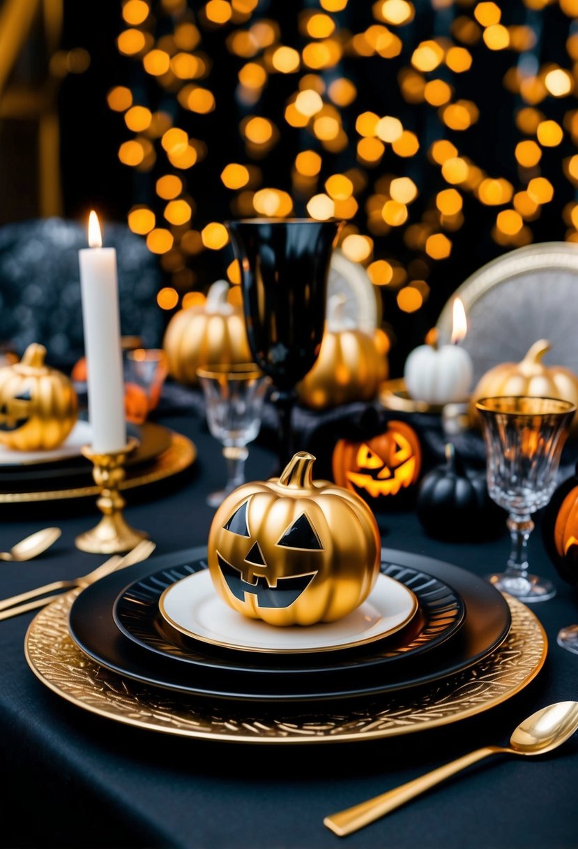 A black and gold table setting with Halloween-themed decor