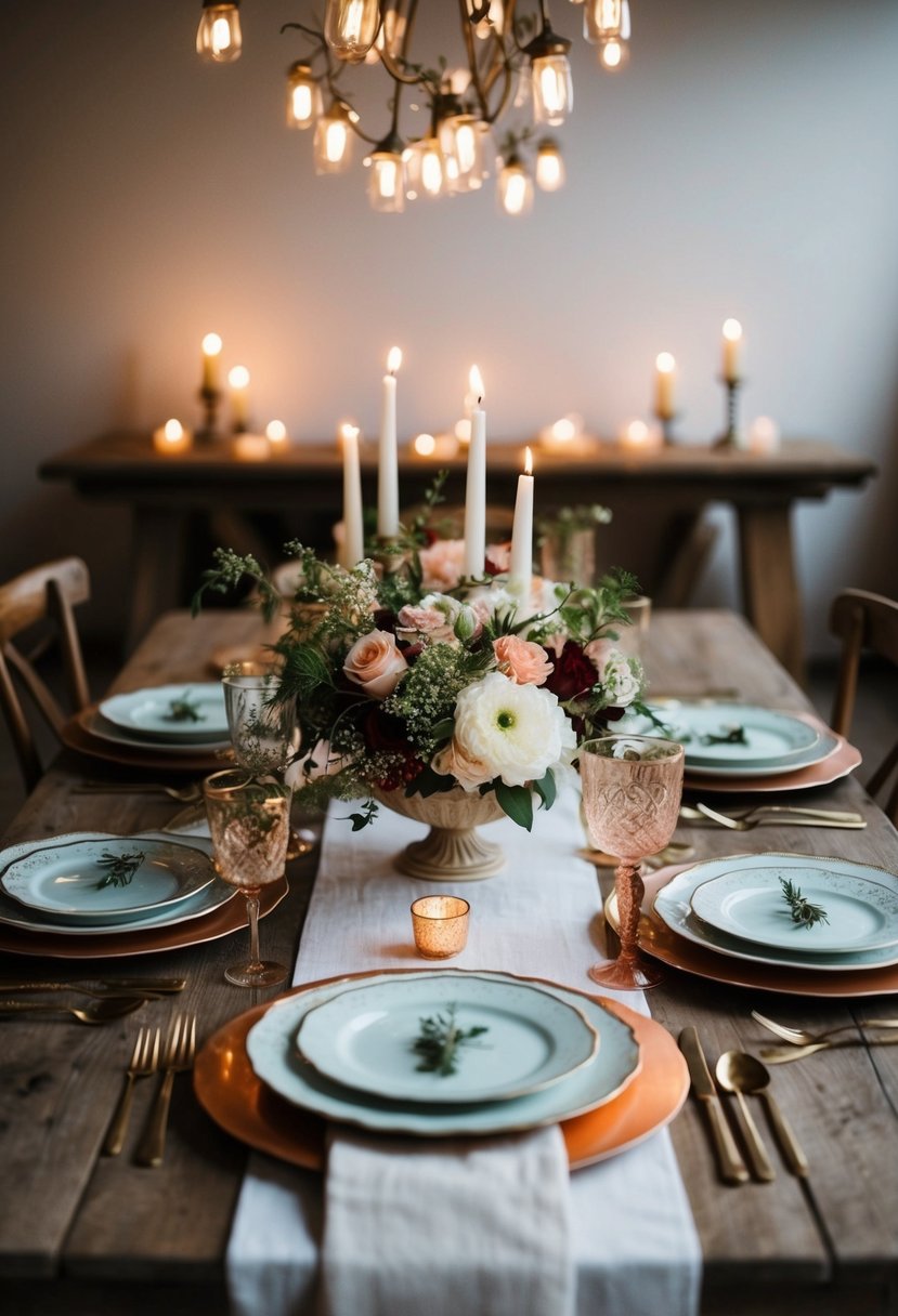 A rustic table setting with vintage tableware, floral centerpieces, and soft candlelight