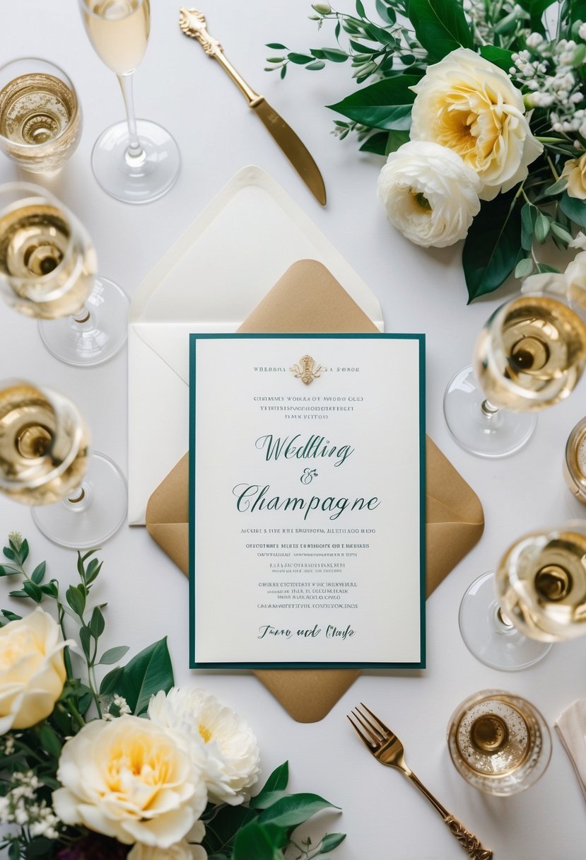 A white and gold wedding invitation surrounded by elegant floral arrangements and sparkling champagne glasses