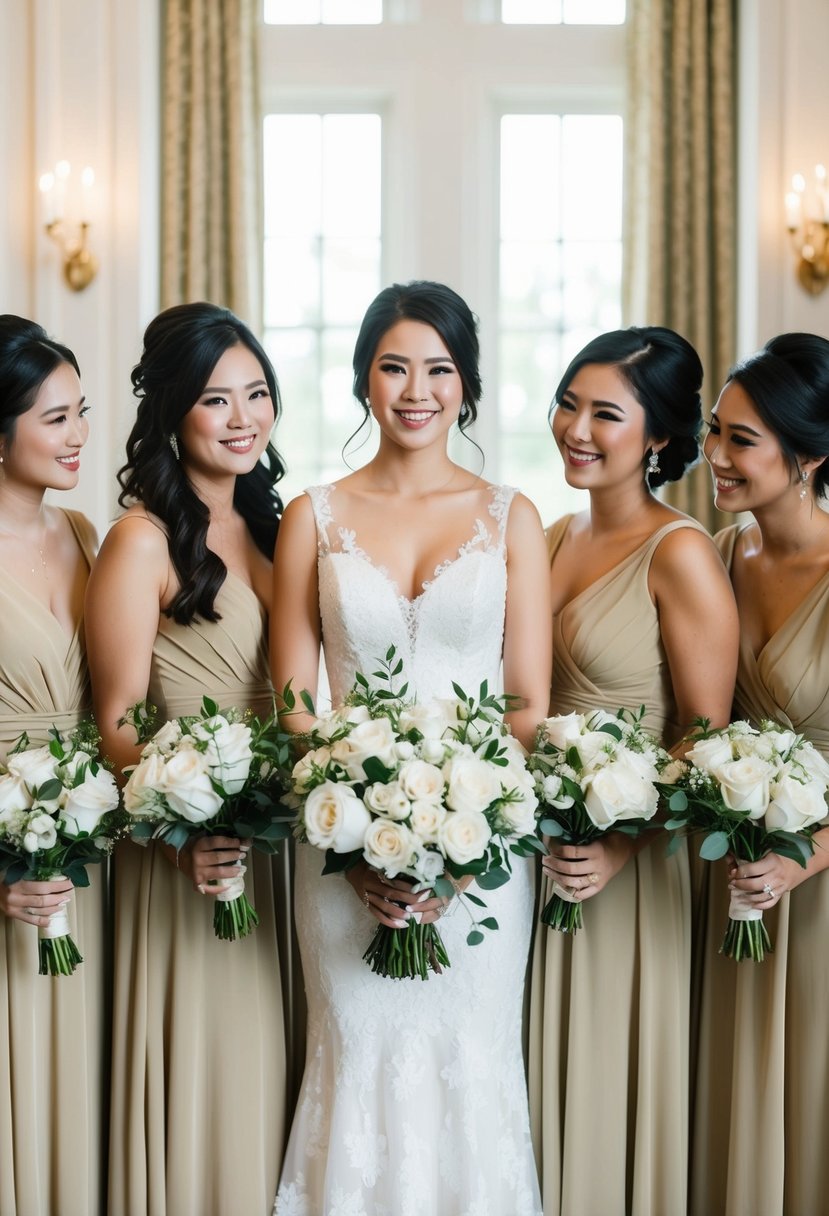 Gold bridesmaid dresses with white bouquets arranged in a elegant wedding setting