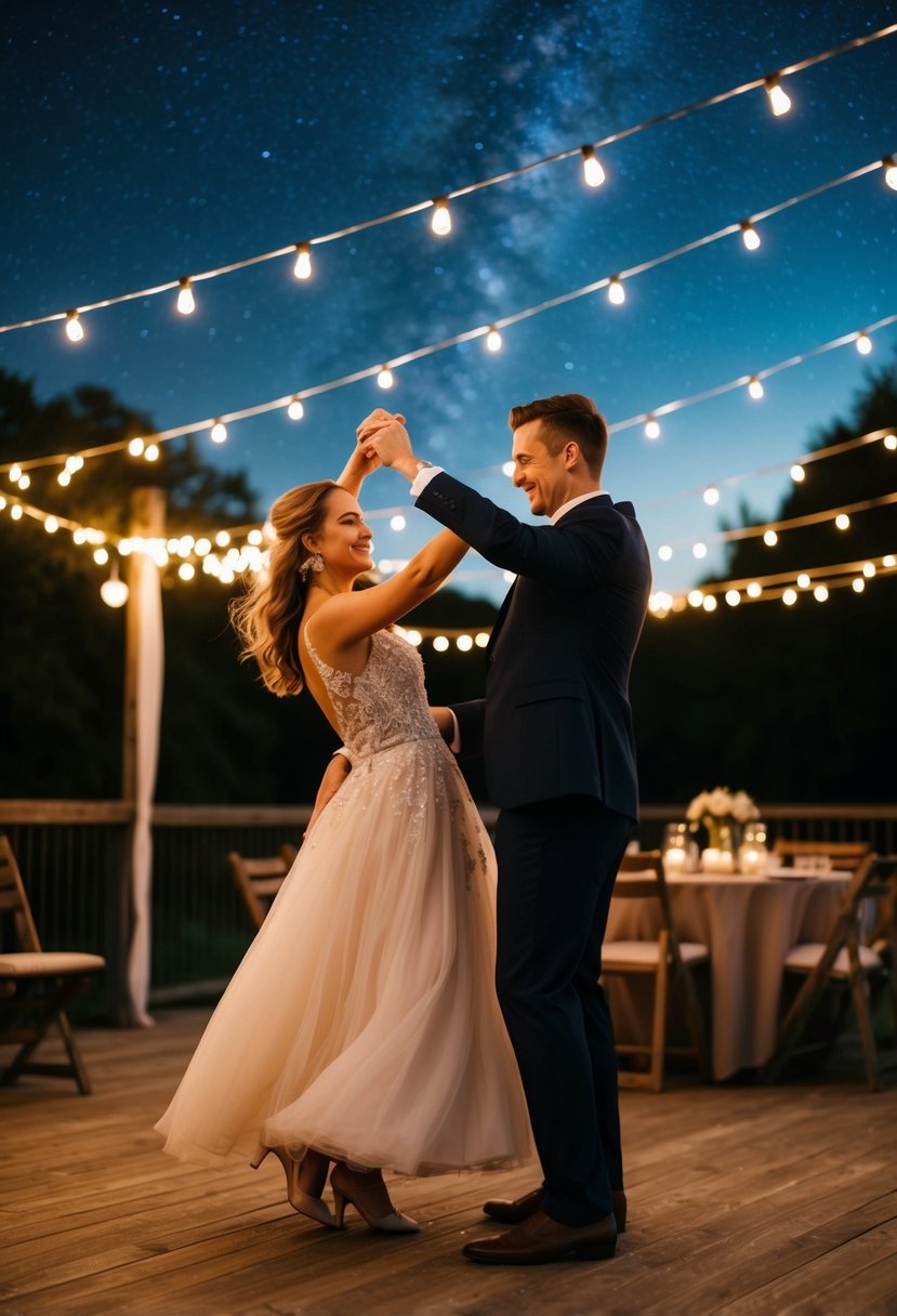 A couple dances under a starry sky, surrounded by twinkling lights and a cozy outdoor setting