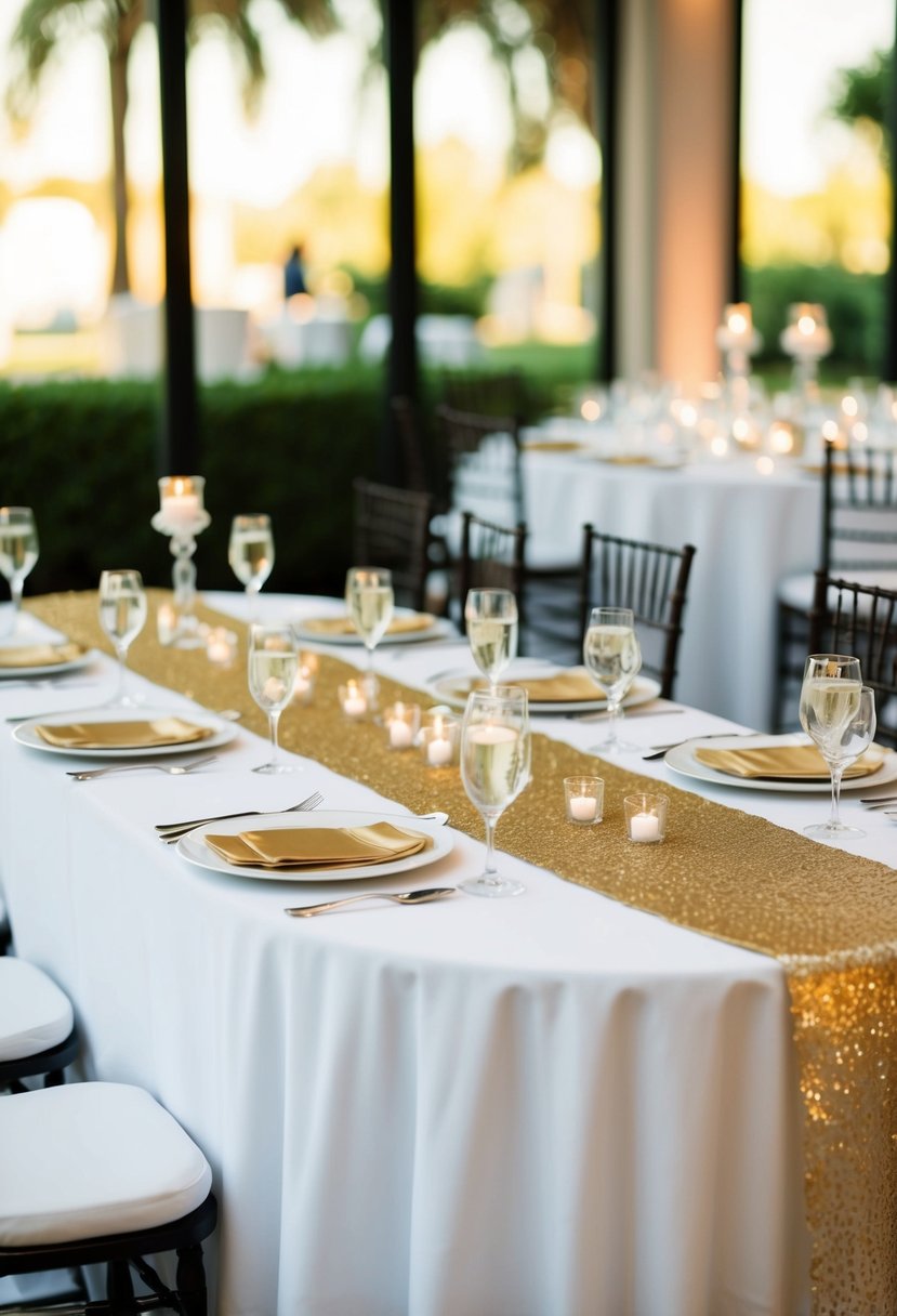 A white linen table adorned with a gold table runner, set for a luxurious wedding reception