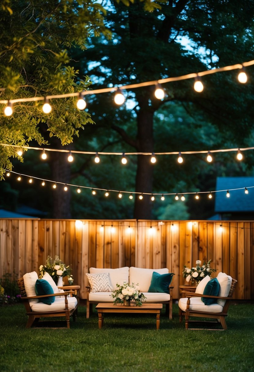 A backyard wedding with string lights, cozy seating, and a laid-back atmosphere