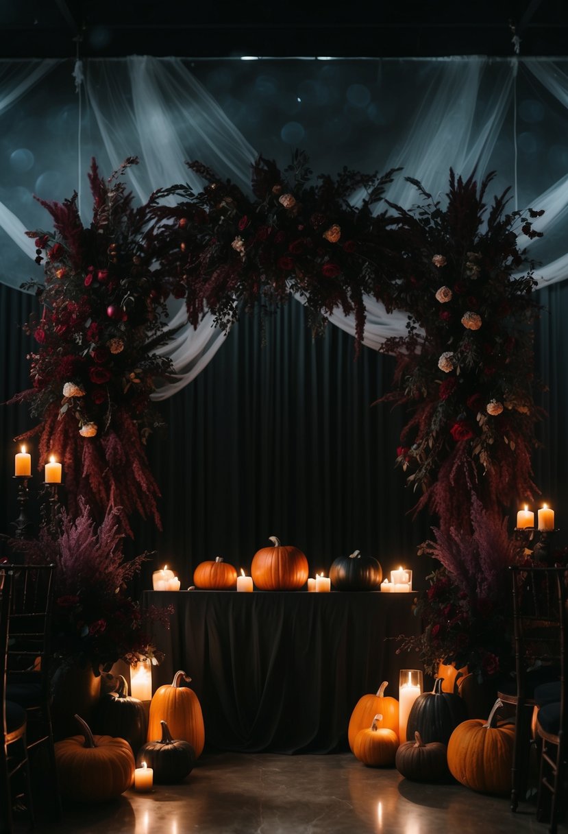 A dimly lit room adorned with burgundy floral arrangements, pumpkins, and eerie candlelight, setting the stage for a moody Halloween wedding