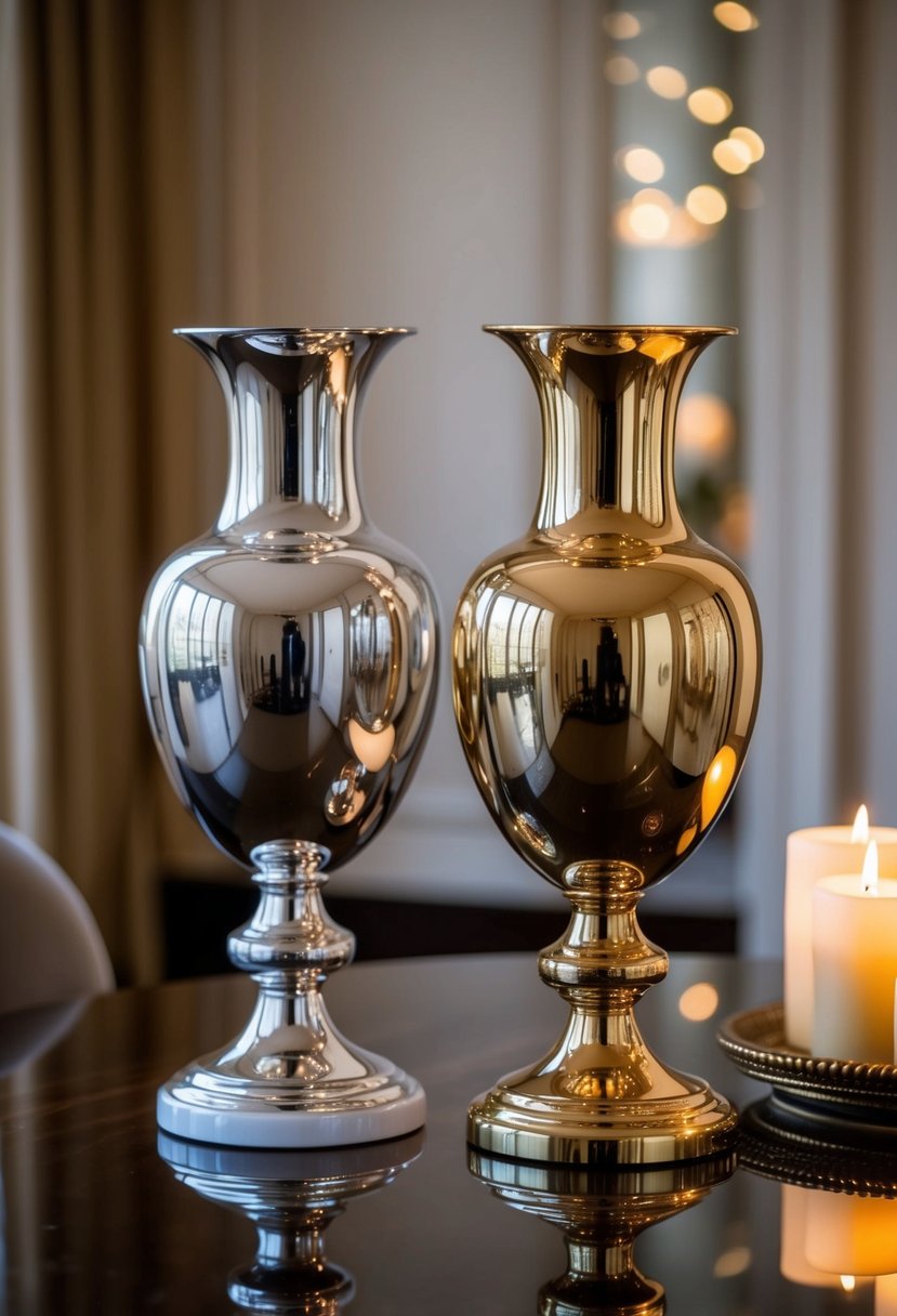 Two elegant mirrored vases, one white and one gold, sit side by side on a polished table, reflecting the soft glow of candlelight