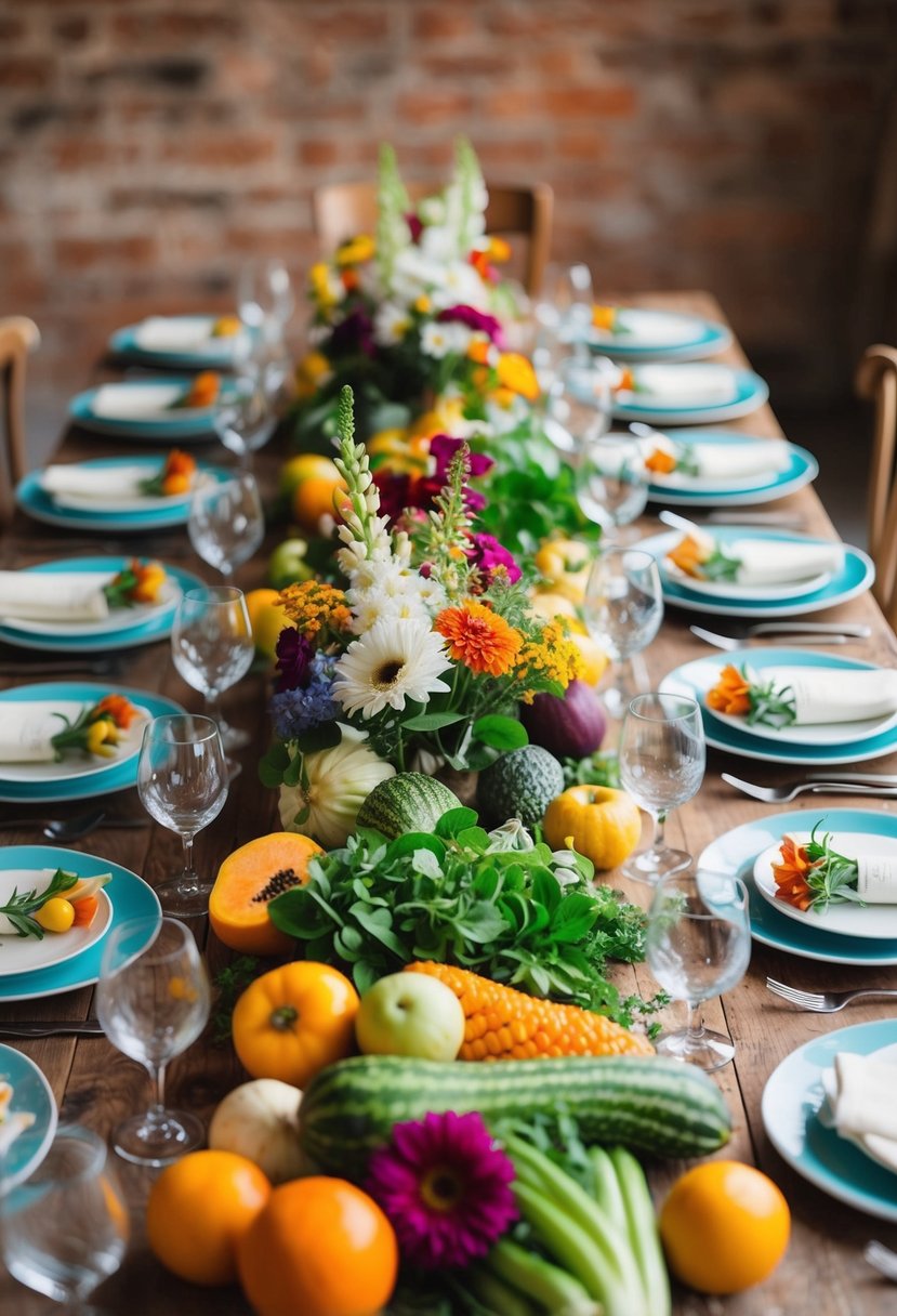 A rustic table set with colorful, fresh produce and flowers for a home wedding feast