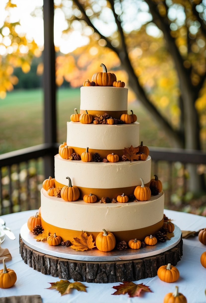 A three-tiered wedding cake decorated with pumpkin spice frosting, autumn leaves, and mini pumpkins