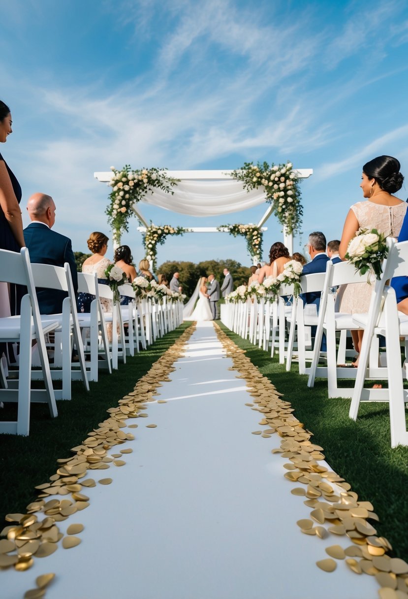 A white wedding aisle adorned with gold petals stretches out under a clear blue sky