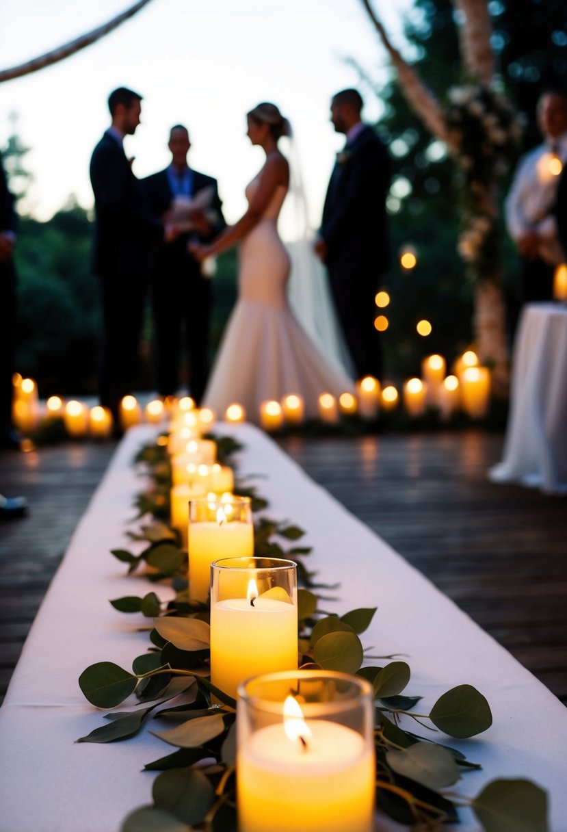 A dimly lit outdoor wedding ceremony with flickering candles casting an enchanting glow on the surroundings