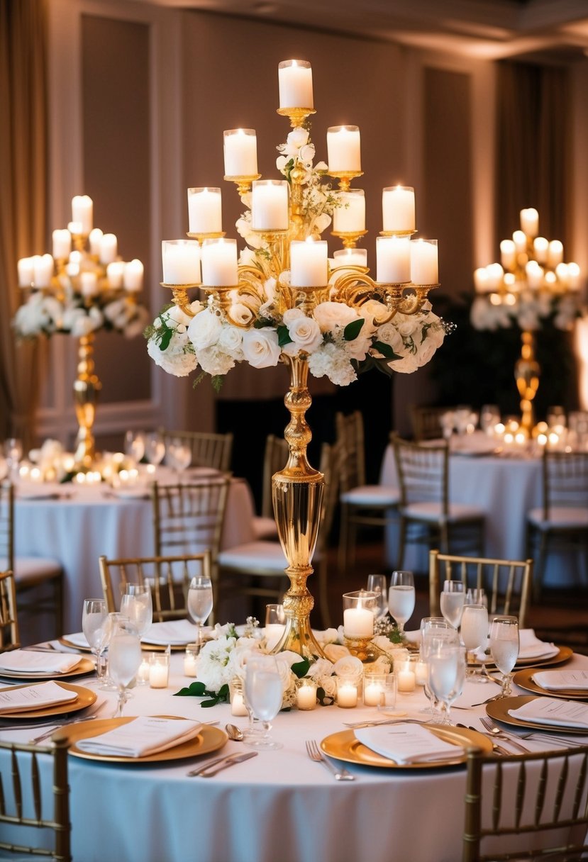 Golden candelabra centerpieces adorned with white flowers and candles set on elegant tables at a luxurious wedding reception