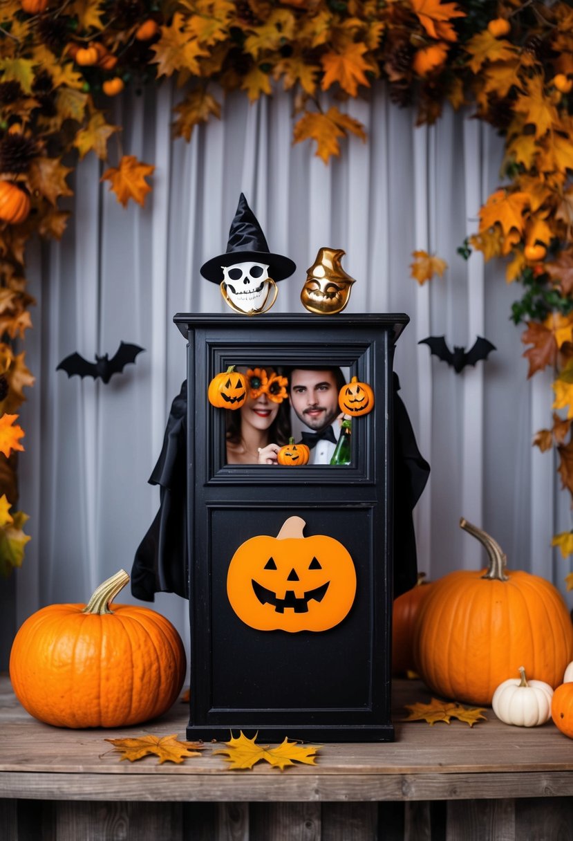 A vintage Halloween photo booth at a wedding, with spooky props and a backdrop of autumn leaves and pumpkins