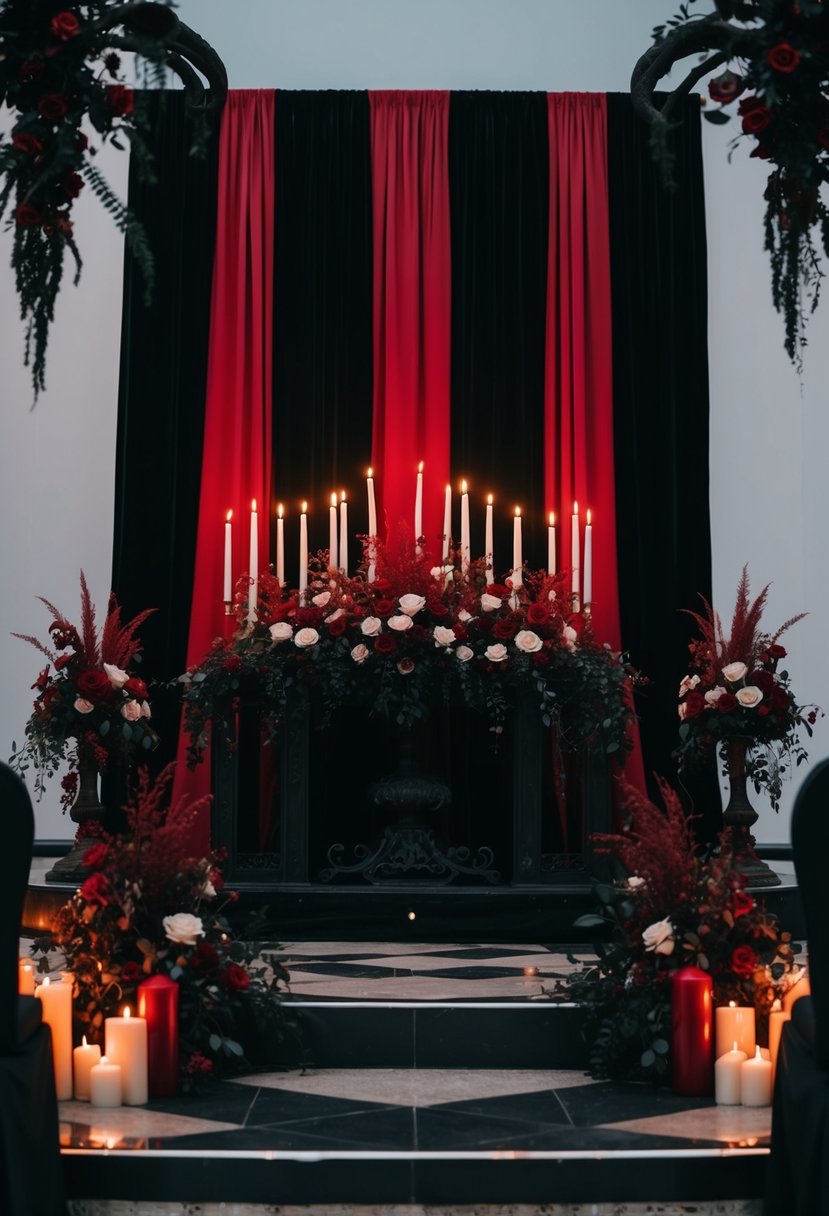 A gothic wedding altar with dark red and black backdrops, adorned with eerie candles and sinister floral arrangements