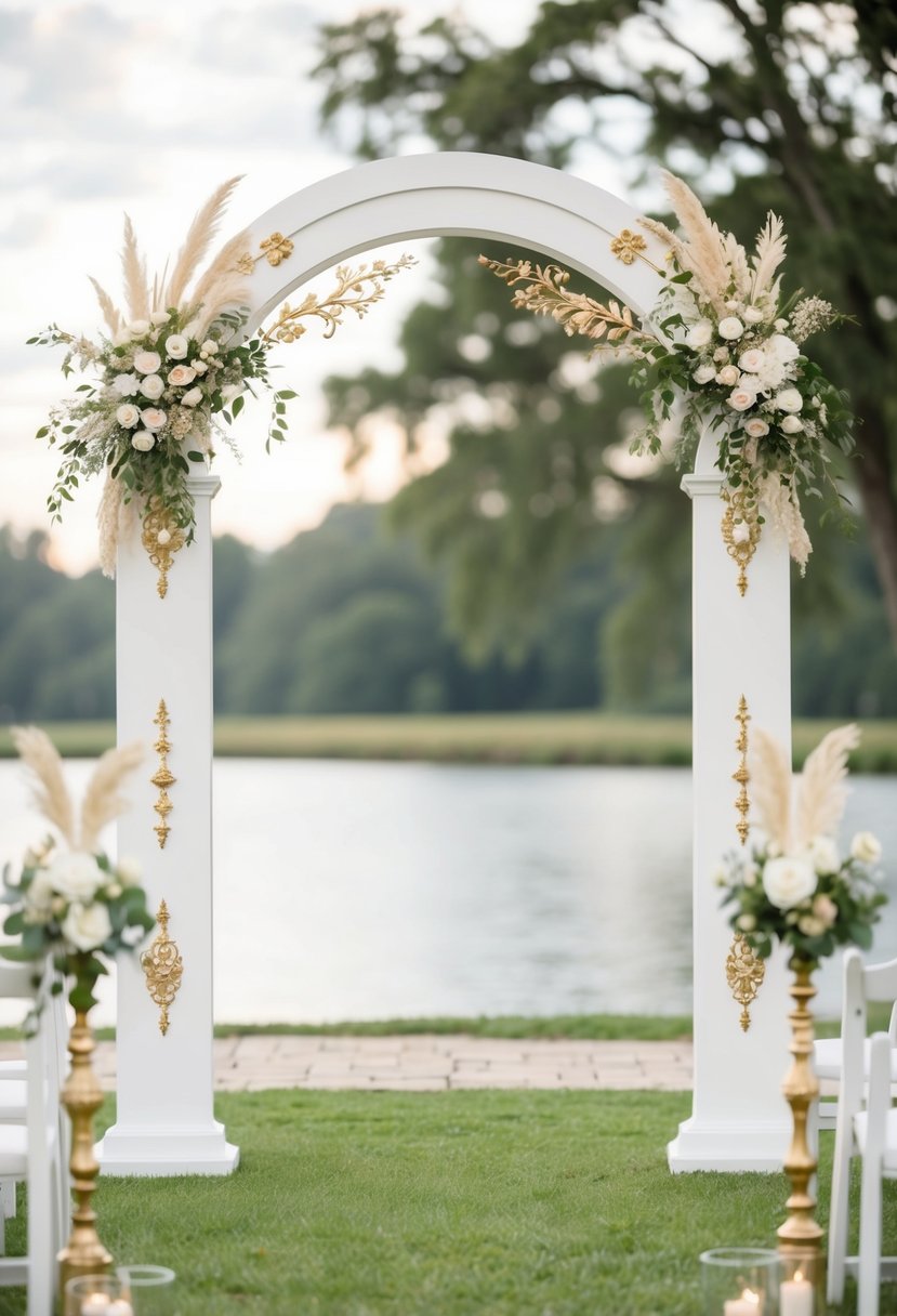 A white ceremony arch adorned with intricate gold details stands in a serene setting, evoking an elegant and romantic atmosphere for a wedding celebration