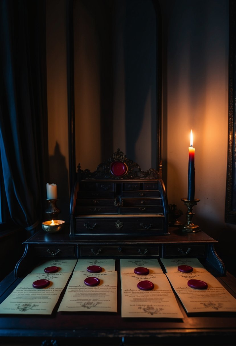 A dimly lit room with a vintage desk covered in parchment invitations sealed with crimson wax. A flickering candle casts eerie shadows on the gothic decor