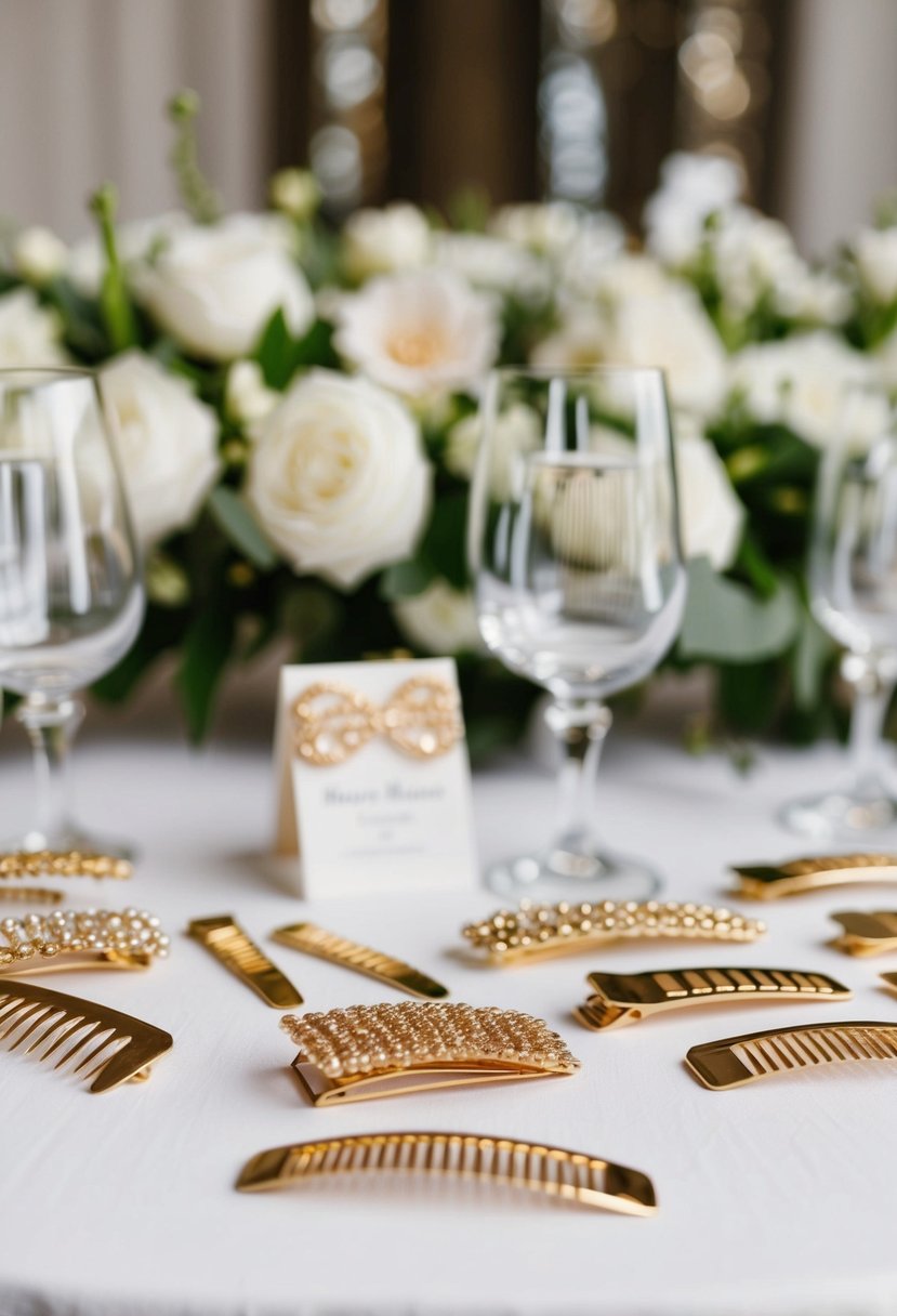 A table adorned with gold hairpins, combs, and clips, set against a backdrop of white flowers and elegant wedding decor