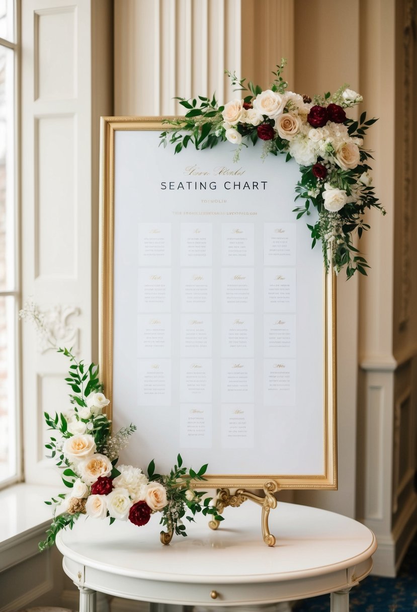 A luxurious white and gold seating chart displayed on an elegant table with floral accents