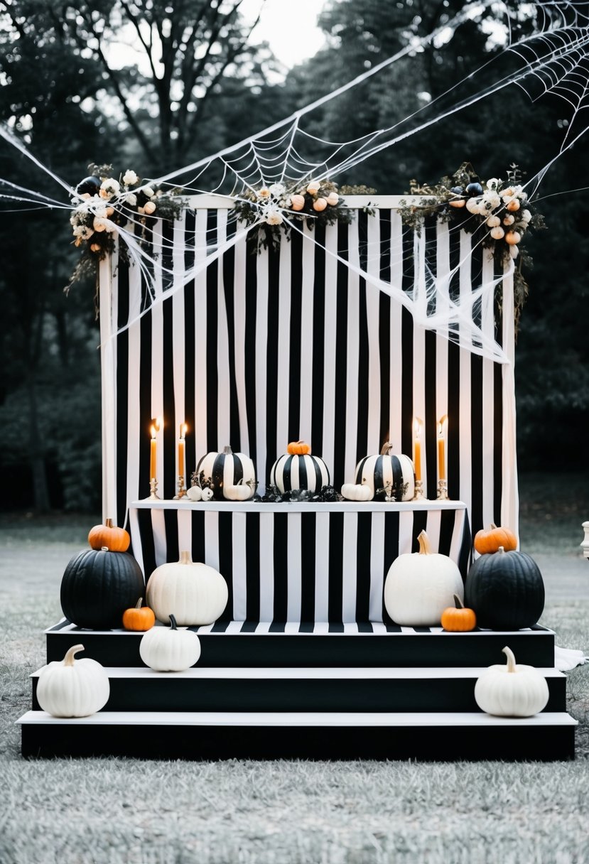 A black and white striped wedding altar adorned with pumpkins, candles, and spider webs