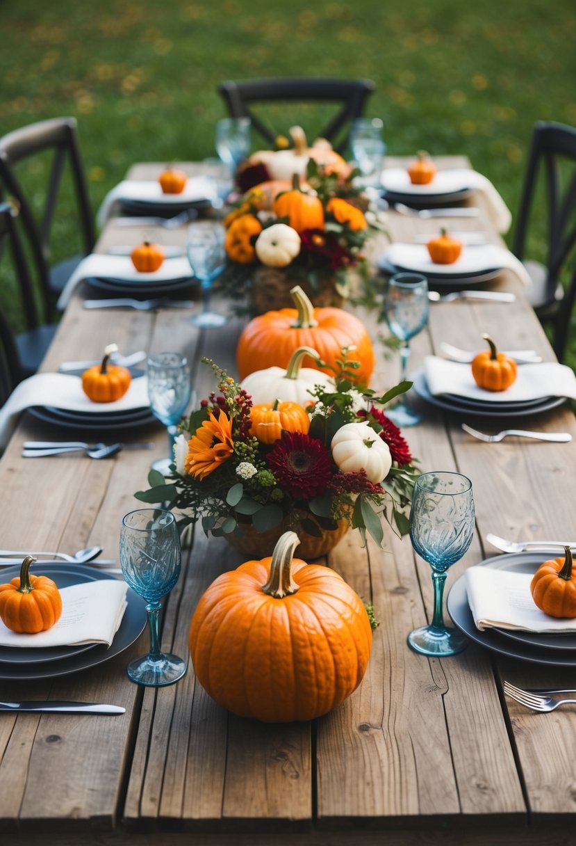 A rustic wooden table adorned with pumpkin and floral centerpieces for a Halloween wedding