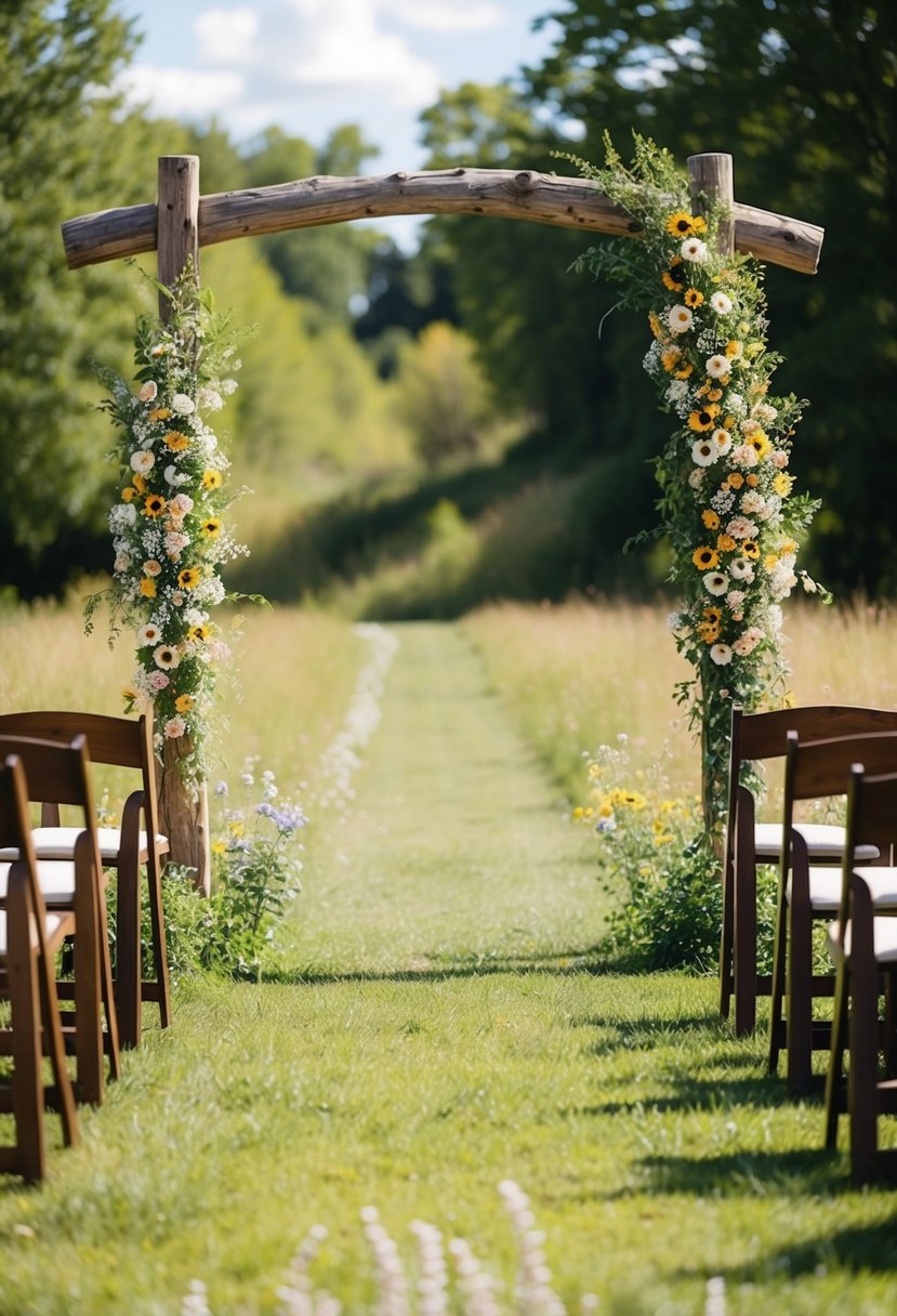 A rustic wooden arch adorned with wildflowers stands in a sun-dappled clearing, surrounded by simple wooden chairs and a soft grassy aisle