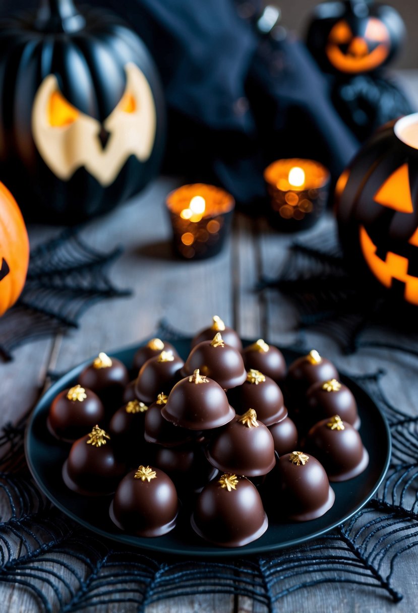 A table adorned with dark chocolate wedding favors, surrounded by spooky Halloween decor