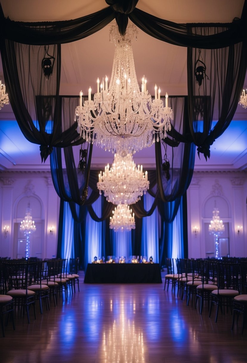 A grand ballroom with crystal chandeliers and draped in eerie Halloween decor