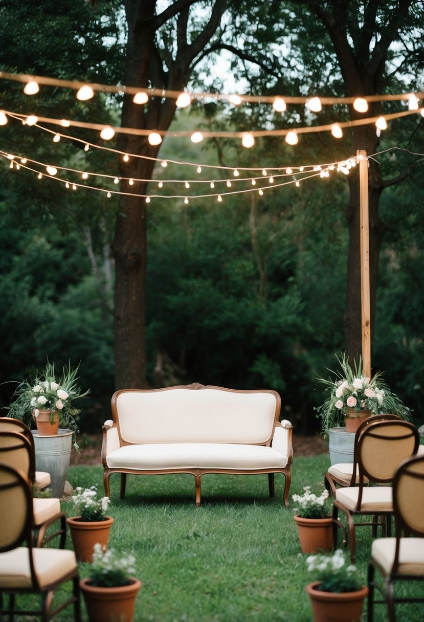 A vintage loveseat and chairs surrounded by twinkling lights and potted plants, set under a canopy of trees for a simple outdoor wedding