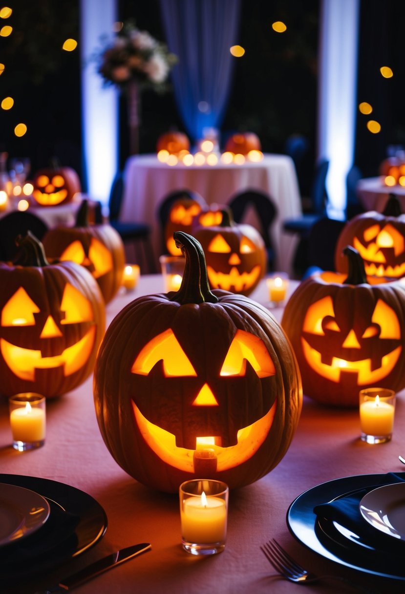 A group of Jack-o'-lanterns carved with the initials of the bride and groom, illuminated by candlelight, adorn the tables at a Halloween wedding reception