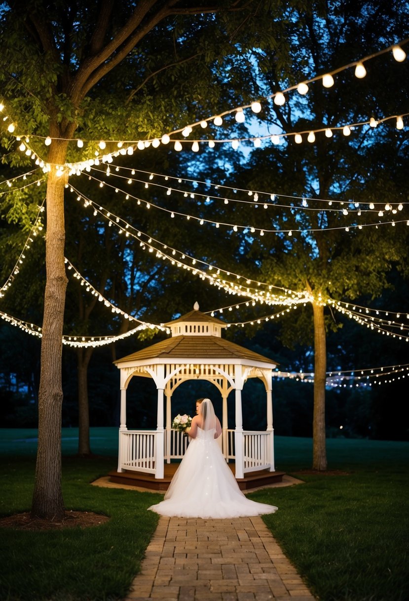 Fairy lights draped around trees and a gazebo create a magical evening vibe for a simple outdoor wedding