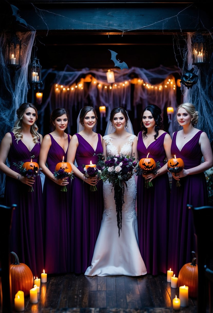 A group of bridesmaids in deep purple dresses stand in a dimly lit, Halloween-themed wedding venue, surrounded by eerie decor and flickering candles