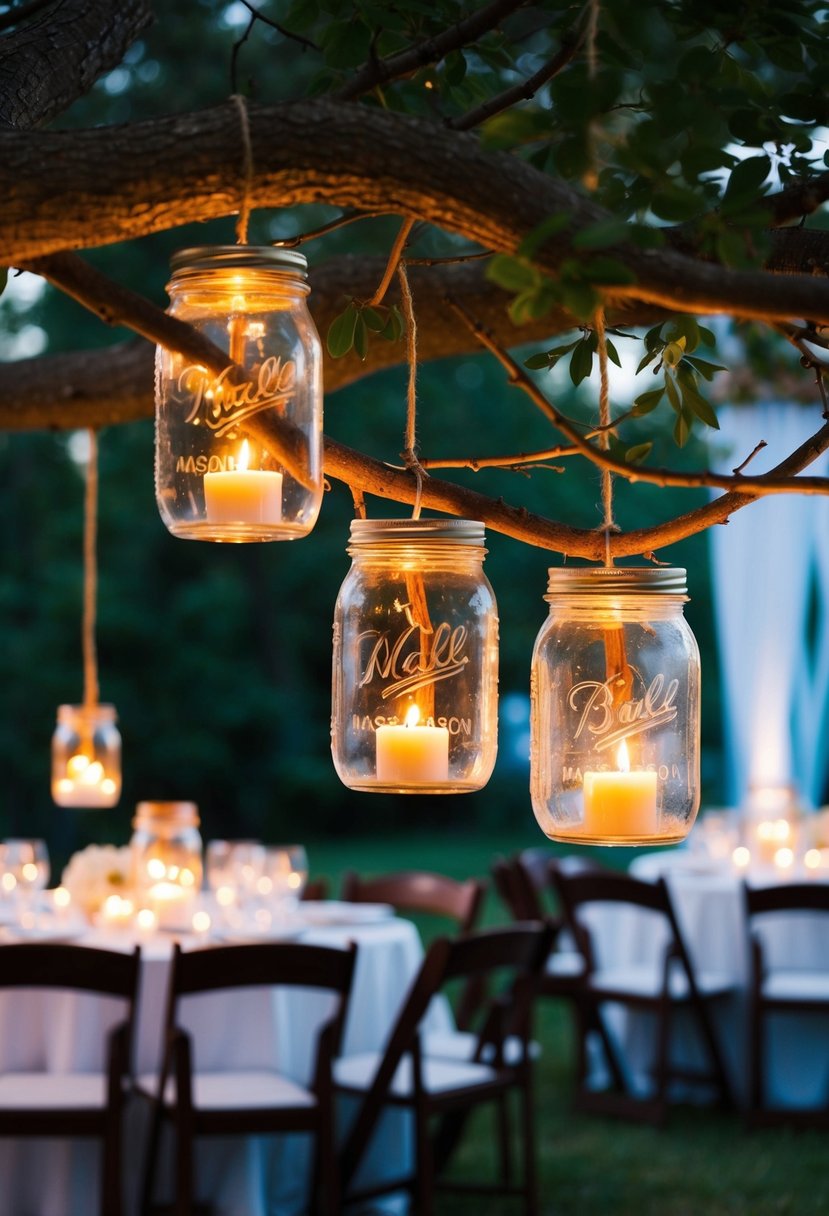 Mason jars hang from tree branches, each holding a glowing candle, illuminating an outdoor wedding reception