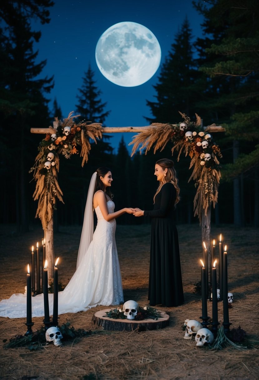 A moonlit forest clearing with a rustic altar adorned with black candles, dried herbs, and skulls. A witch and her partner stand before it, exchanging unique wedding vows