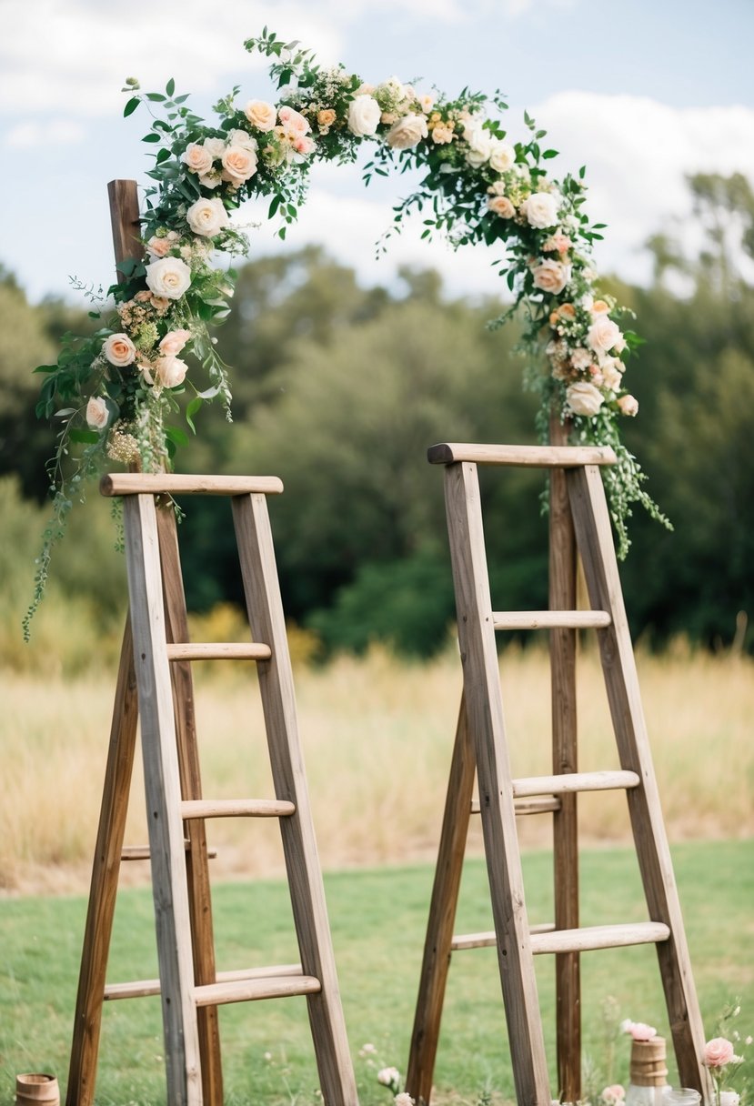 Two wooden ladders form a rustic arch adorned with flowers, set against a natural outdoor backdrop for a simple wedding ceremony