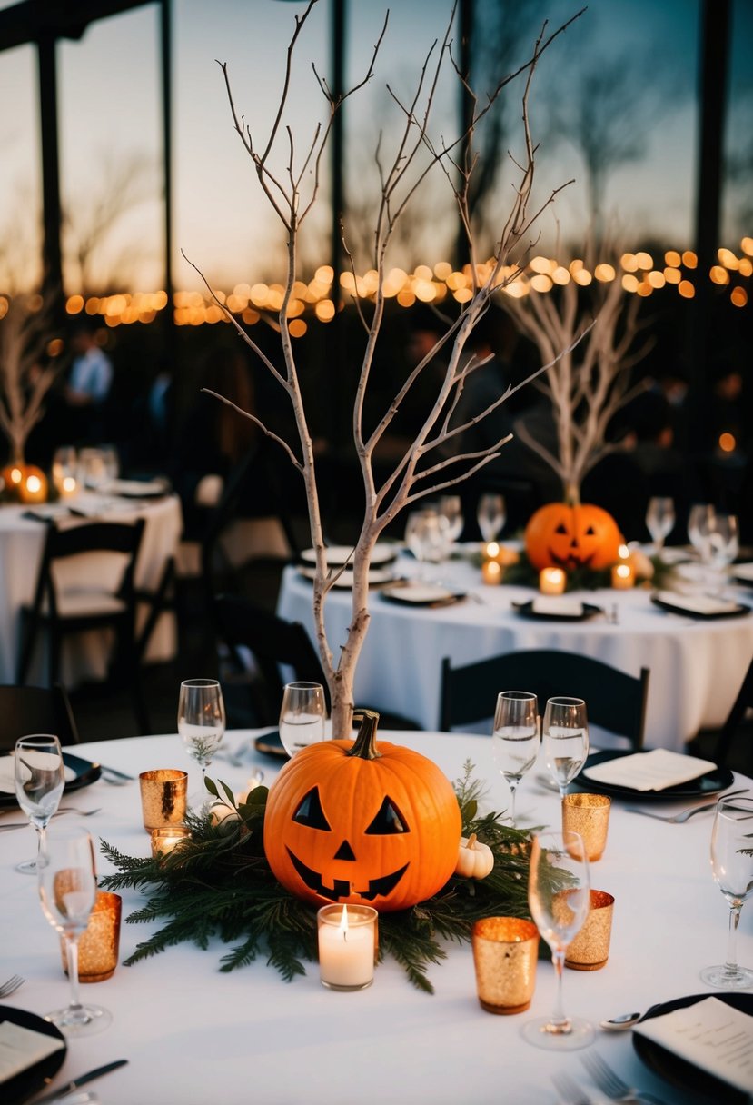 A table adorned with bare branch centerpieces for a Halloween wedding