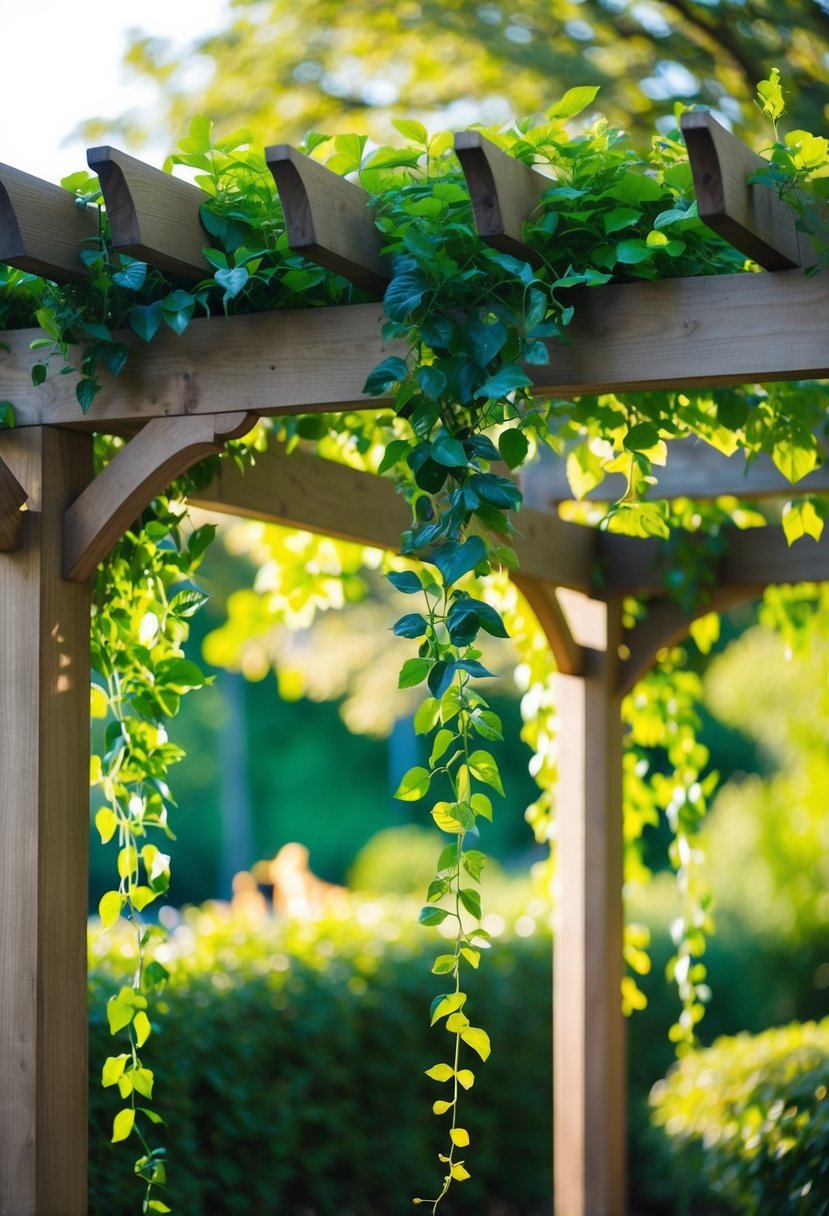 Greenery draped over a wooden pergola in a garden setting, with soft sunlight filtering through the leaves