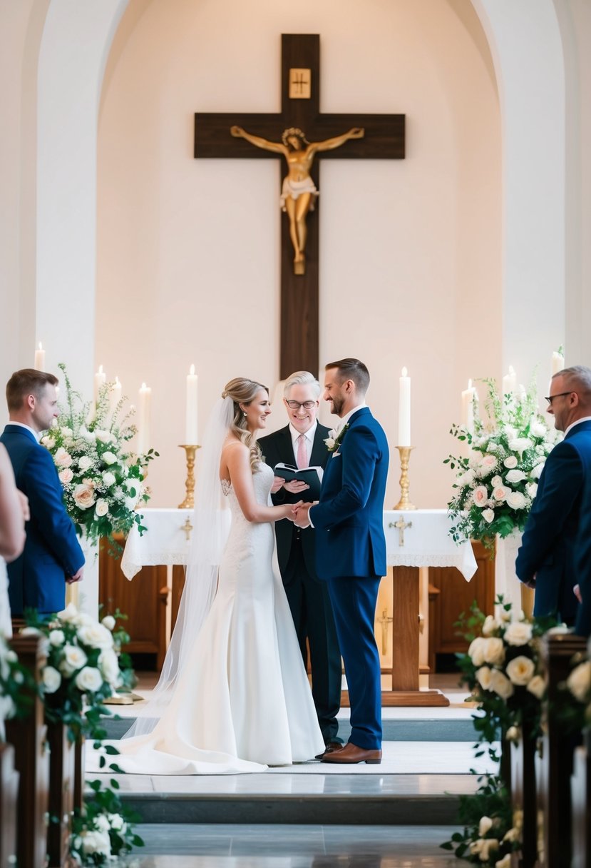 A bride and groom standing at the altar exchanging vows, surrounded by flowers and candles, with a cross or religious symbols in the background