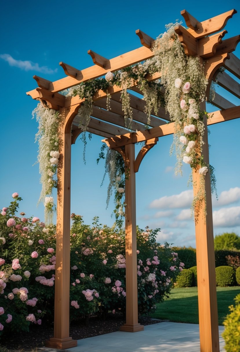 A serene outdoor setting with a wooden pergola adorned with cascading flowers and greenery, surrounded by blooming bushes and a clear blue sky