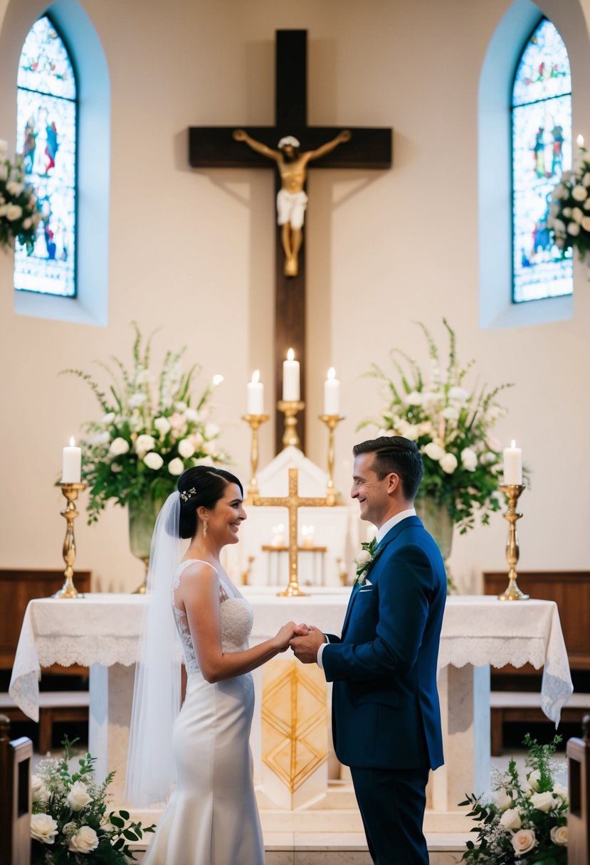 A couple standing at an altar in a church, surrounded by flowers and candles, exchanging personalized vows with a cross in the background