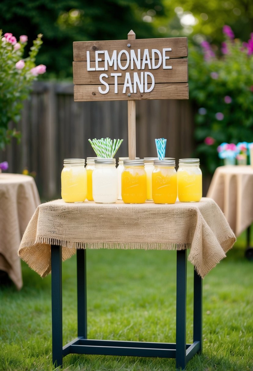 A quaint lemonade stand with a rustic wooden sign, surrounded by mason jar centerpieces and burlap tablecloths in a backyard garden