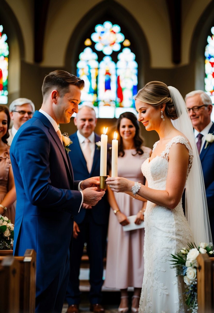 A bride and groom lighting a unity candle together, surrounded by family and friends in a church