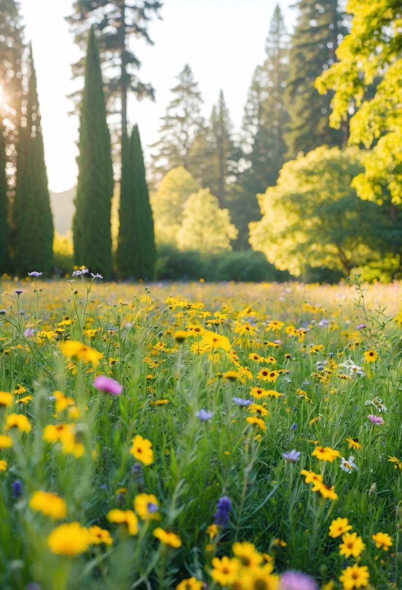 A meadow filled with colorful wildflowers, surrounded by tall trees and bathed in golden sunlight, sets the stage for a simple outdoor wedding