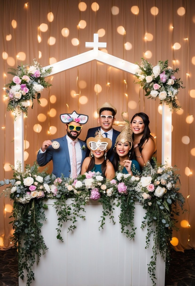 A festive photo booth with props, adorned with floral decor and twinkling lights, set up for a Christian wedding celebration