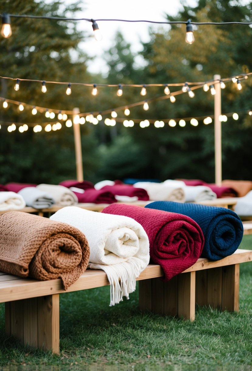 Cozy blankets arranged on wooden benches under string lights for an outdoor wedding