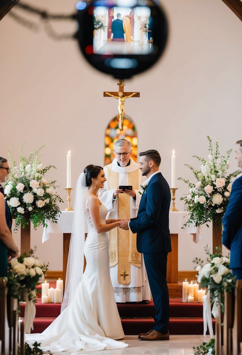 A bride and groom stand at the altar, surrounded by flowers and candles. A priest officiates the ceremony as a live stream camera captures the moment